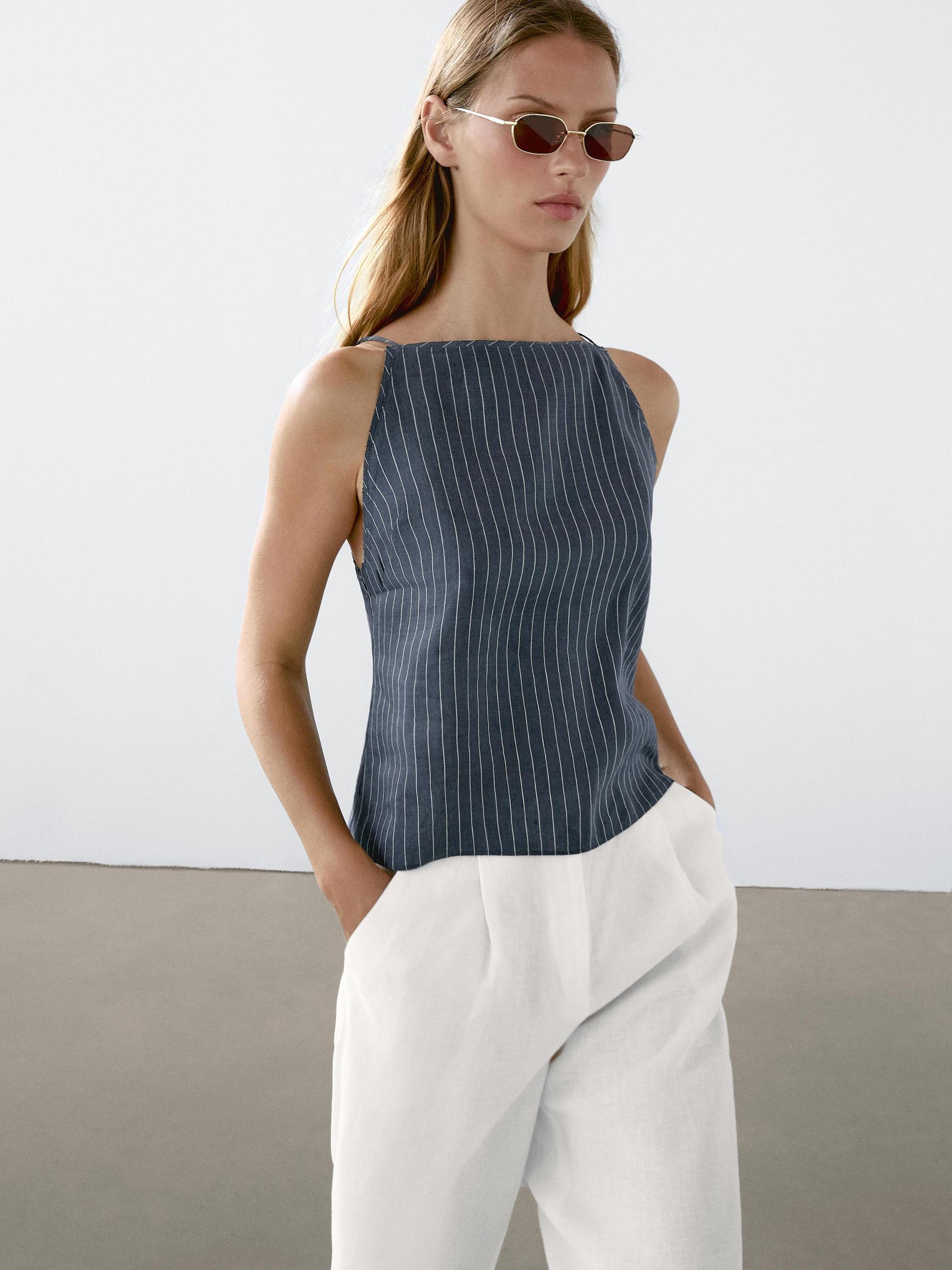 Striped linen blend halter top Product Image