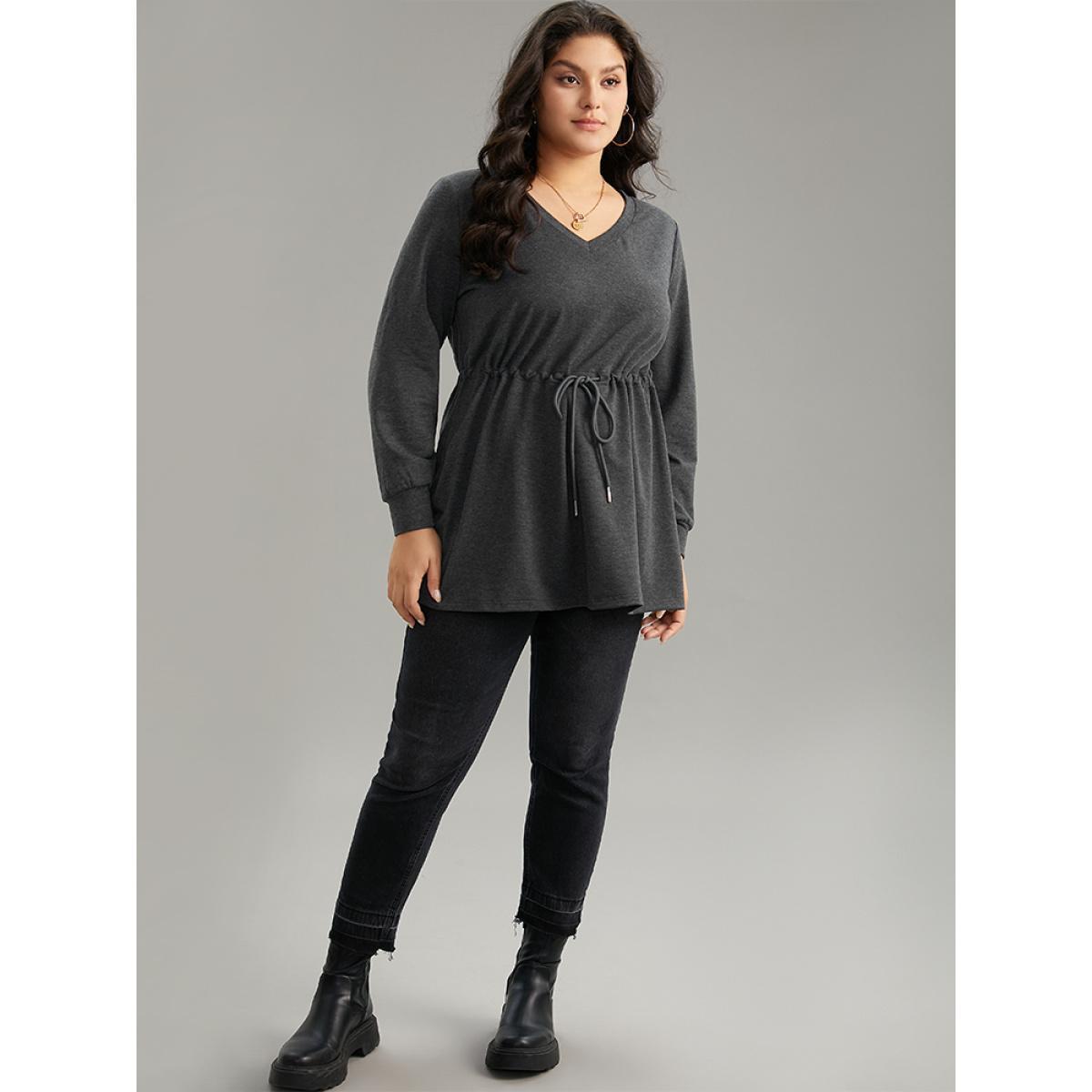 Plus Size V Neck Plain Drawstring Knot Sweatshirt Women Gray Casual Plain V-neck Dailywear Sweatshirts BloomChic 14-16/1X Product Image