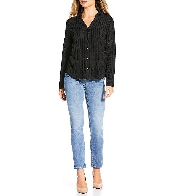 Investments Knit Long Sleeve Y-Neck Button Front Novelty Top Product Image