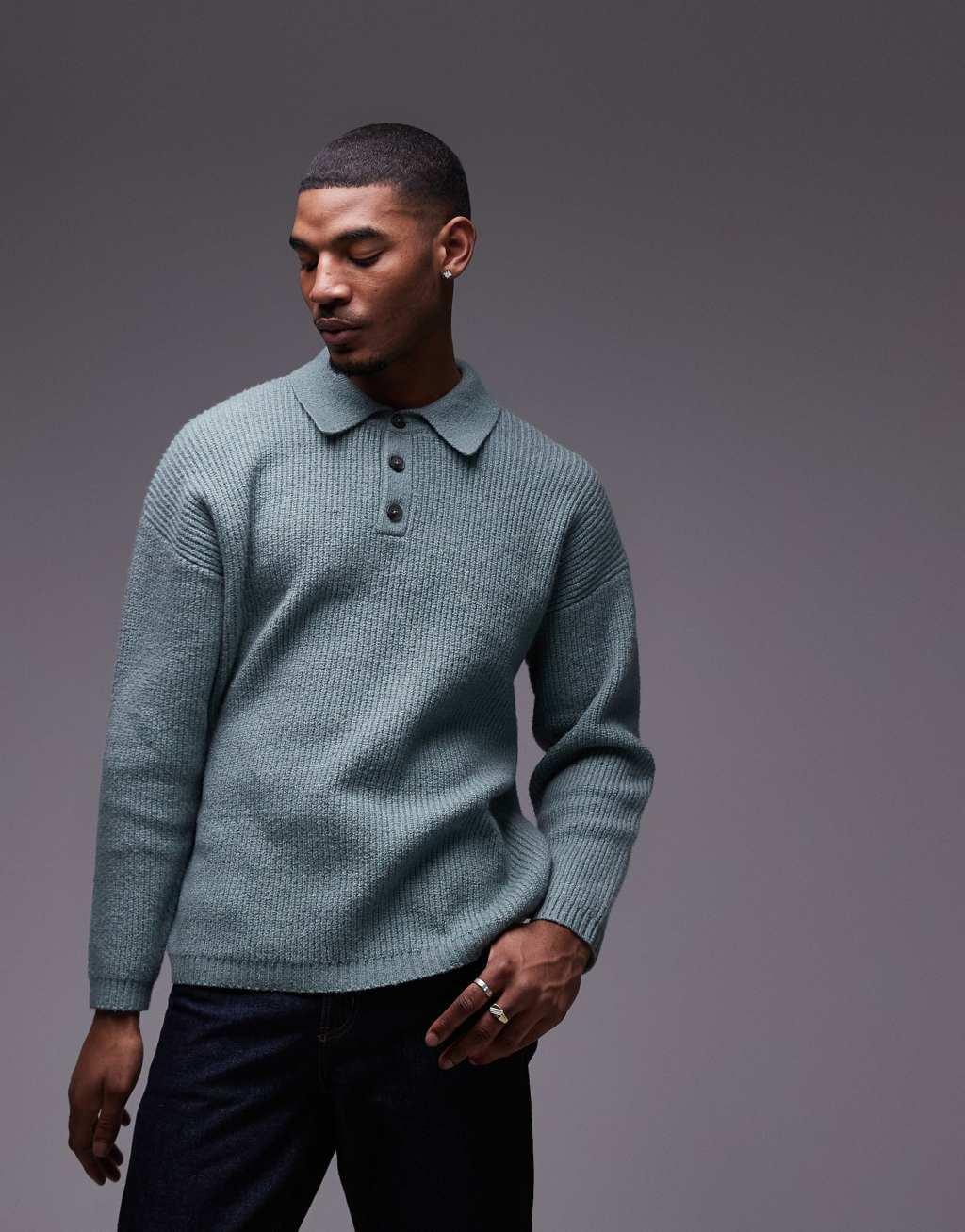 Topman relaxed fit compact knit polo sweater in sage Product Image