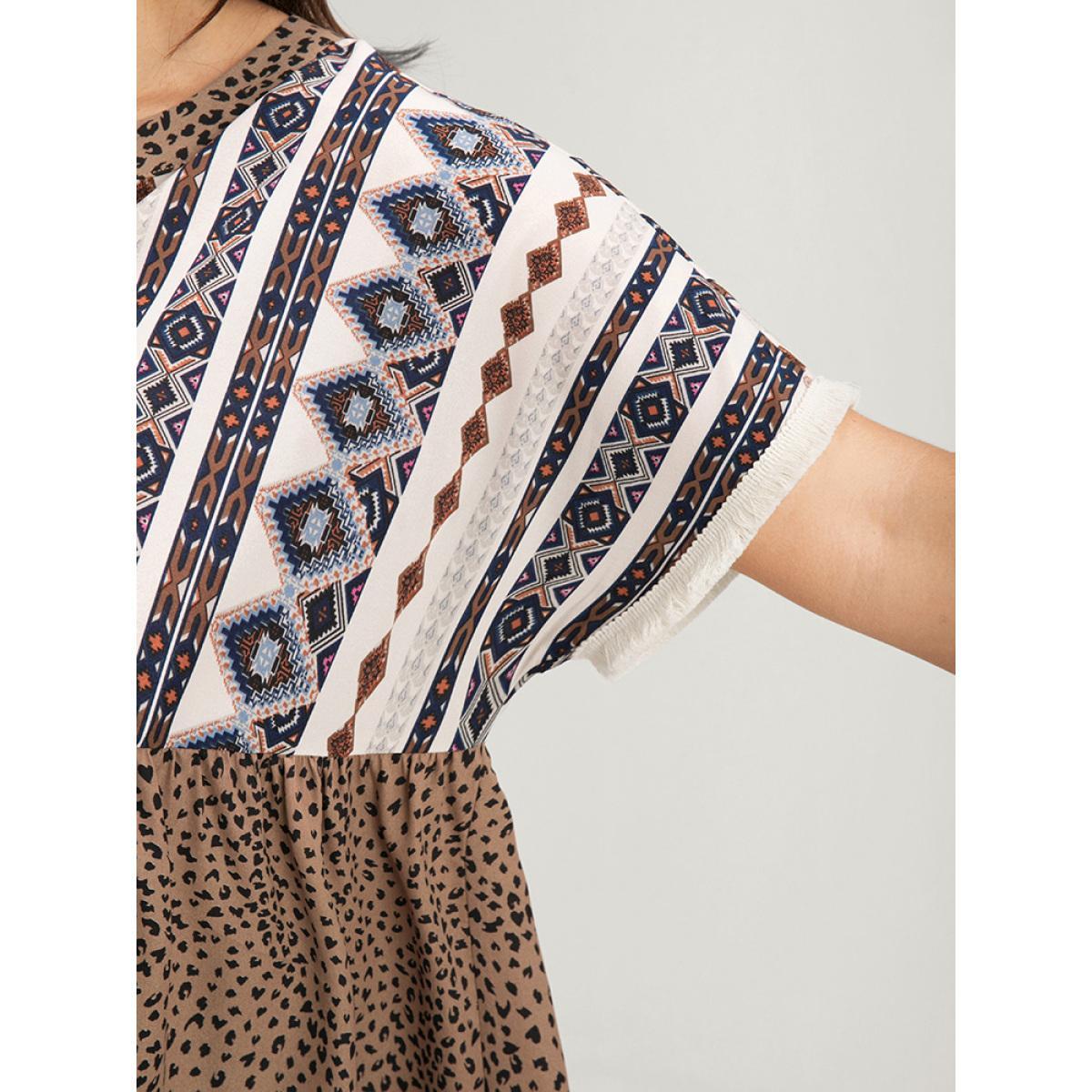 Plus Size DarkBrown Leopard Geometric Contrast Elastic Waist Ties Neck Blouse Women Vacation Short sleeve V-neck Dailywear Blouses BloomChic 14-16/1X Product Image