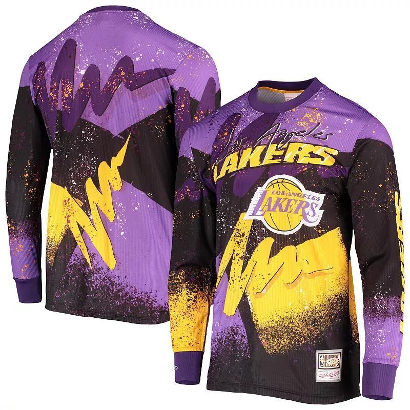 Men's Mitchell & Ness Purple Los Angeles Lakers Hardwood Classics Hyper Hoops Moto Sublimated Long Sleeve T-Shirt, Size: XL Product Image