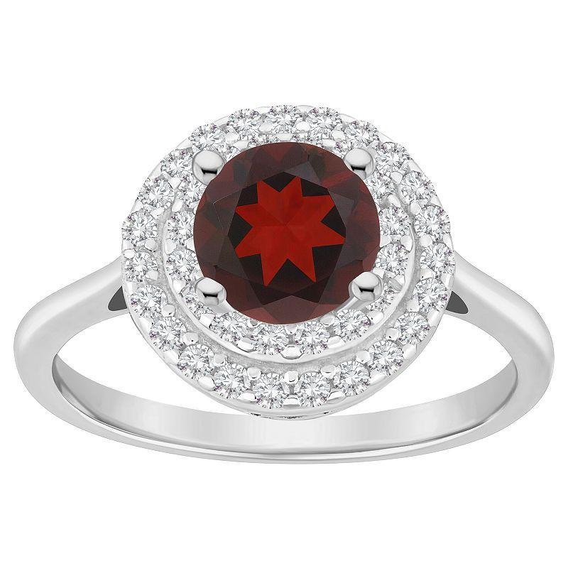 Celebration Gems Sterling Silver Round-Cut Garnet & White Topaz Double Halo Ring, Women's, Size: 7 Product Image