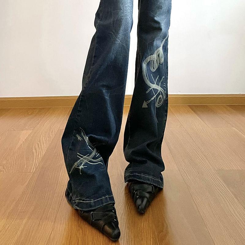 Low Waist Graphic Print Slim-Fit Boot-Cut Jeans Product Image