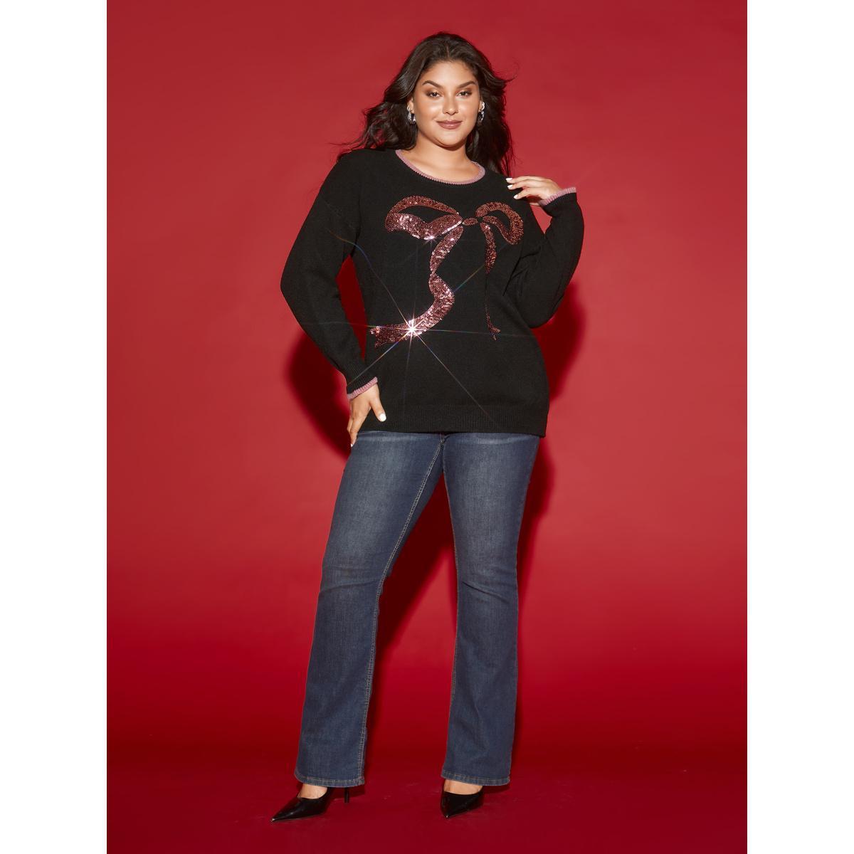 Plus Size Supersoft Essentials Sequin Embroidery Bow Detail Pullover Black Women Casual Loose Long Sleeve Round Neck Everyday Pullovers BloomChic 26/4X Product Image