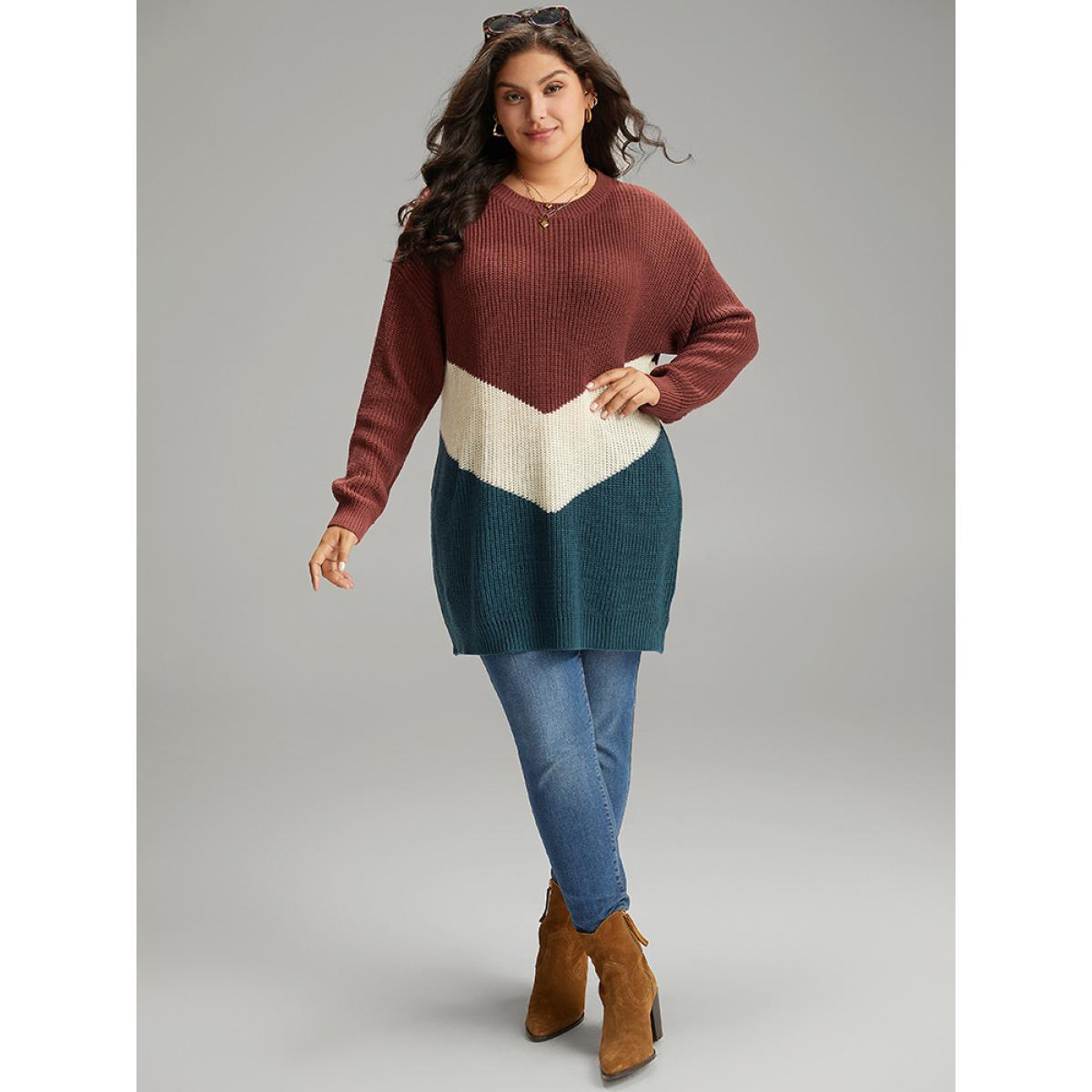 Plus Size Colorblock Contrast Elastic Cuffs Pullover Multicolor Women Casual Loose Long Sleeve Round Neck Dailywear Pullovers BloomChic 14-16/1X Product Image