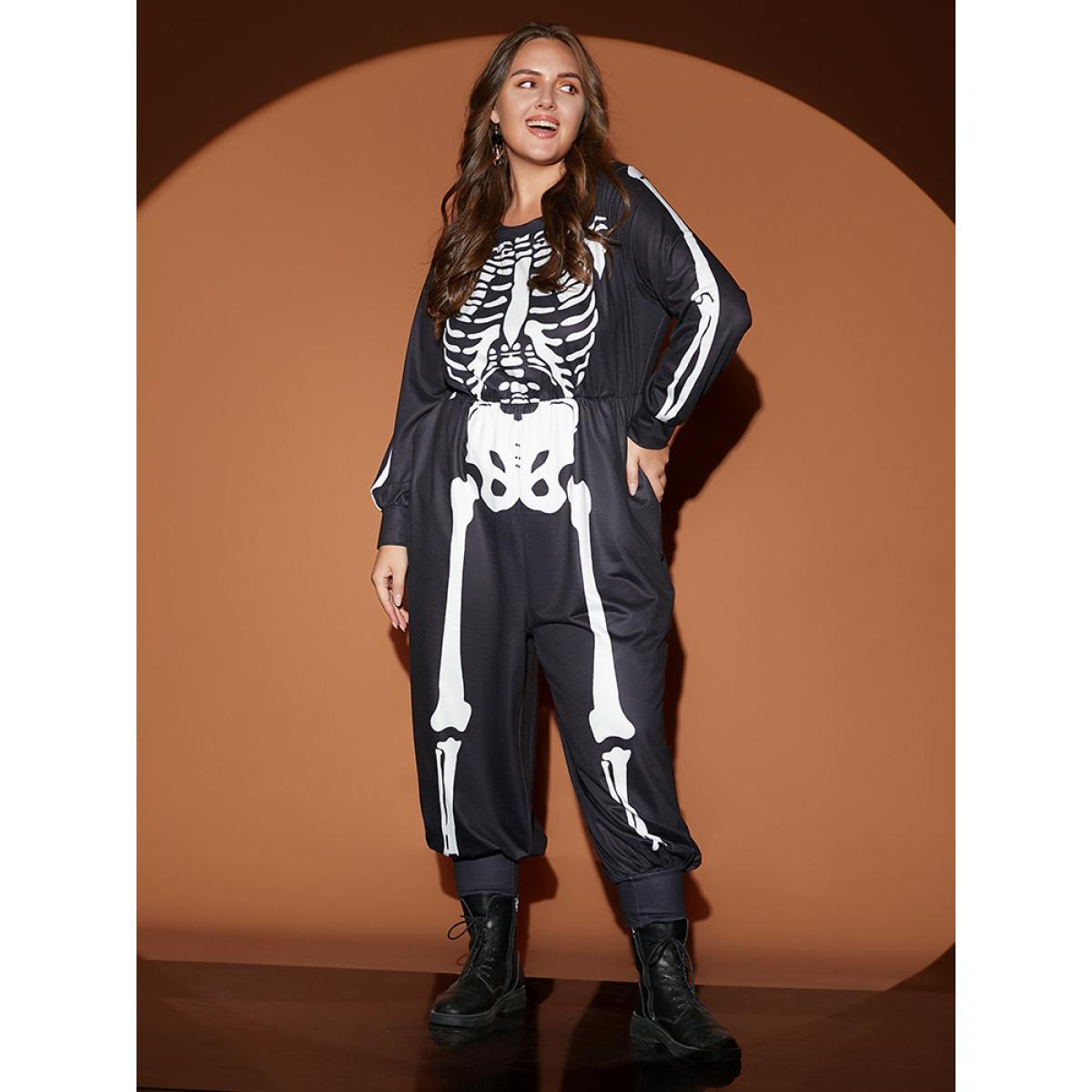Plus Size Black Halloween Skull Print Round Neck Pocket Jumpsuit Women Casual Long Sleeve Round Neck Festival-Halloween Loose Jumpsuits BloomChic 18-20/2X Product Image