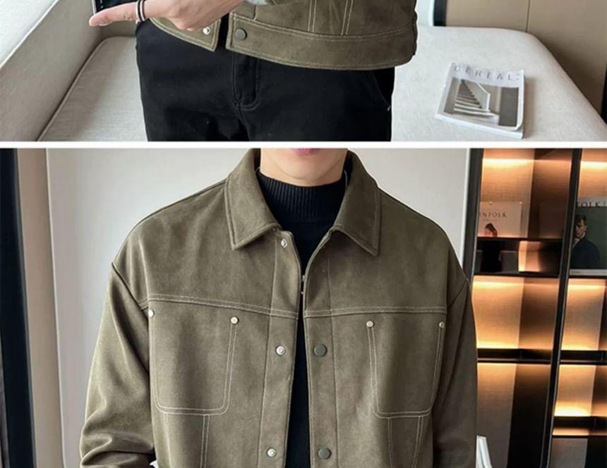 Collar Contrast Stitching Faux Suede Button Jacket Product Image