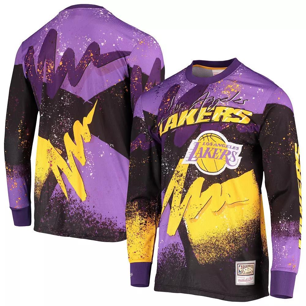 Men's Mitchell & Ness Purple Los Angeles Lakers Hardwood Classics Hyper Hoops Moto Sublimated Long Sleeve T-Shirt, Size: XL Product Image