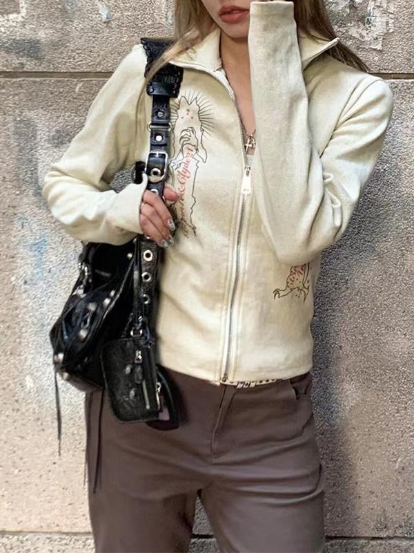 Vintage Print Lapel Neck Zip Up Long Sleeve Knit Product Image
