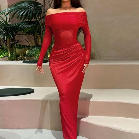 Off-Shoulder Long-Sleeve Two-Tone Shirred Midi Mermaid Dress Product Image