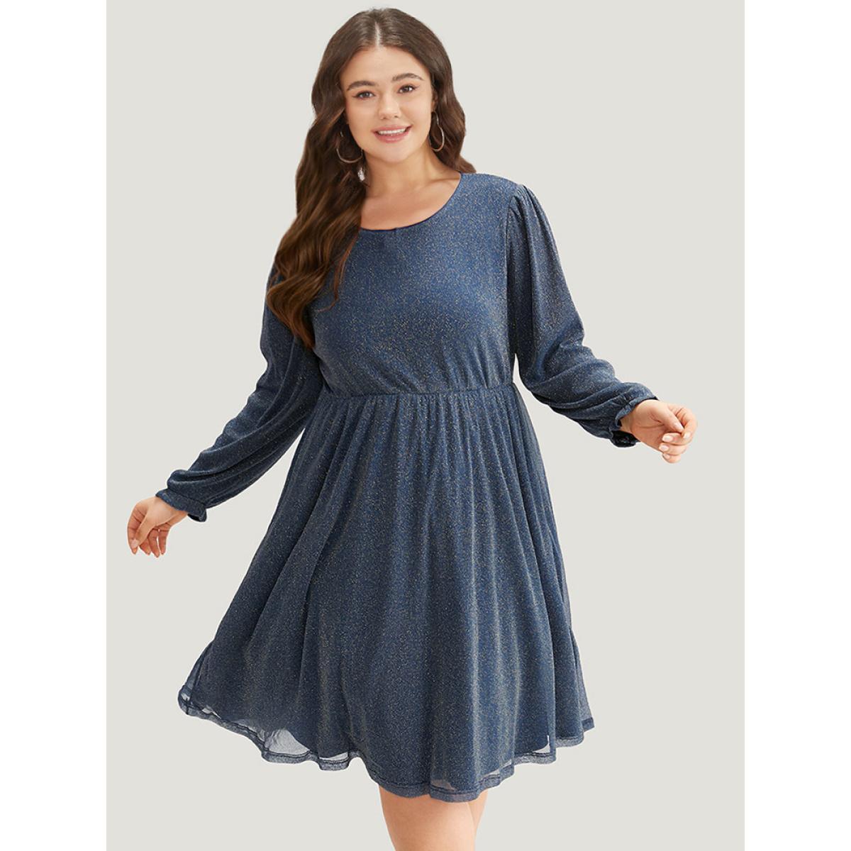Plus Size Glitter Crew Neck Pocket Pleated Dress Aegean Women Party Elastic cuffs Round Neck Long Sleeve Curvy Midi Dress BloomChic 22-24/3X Product Image