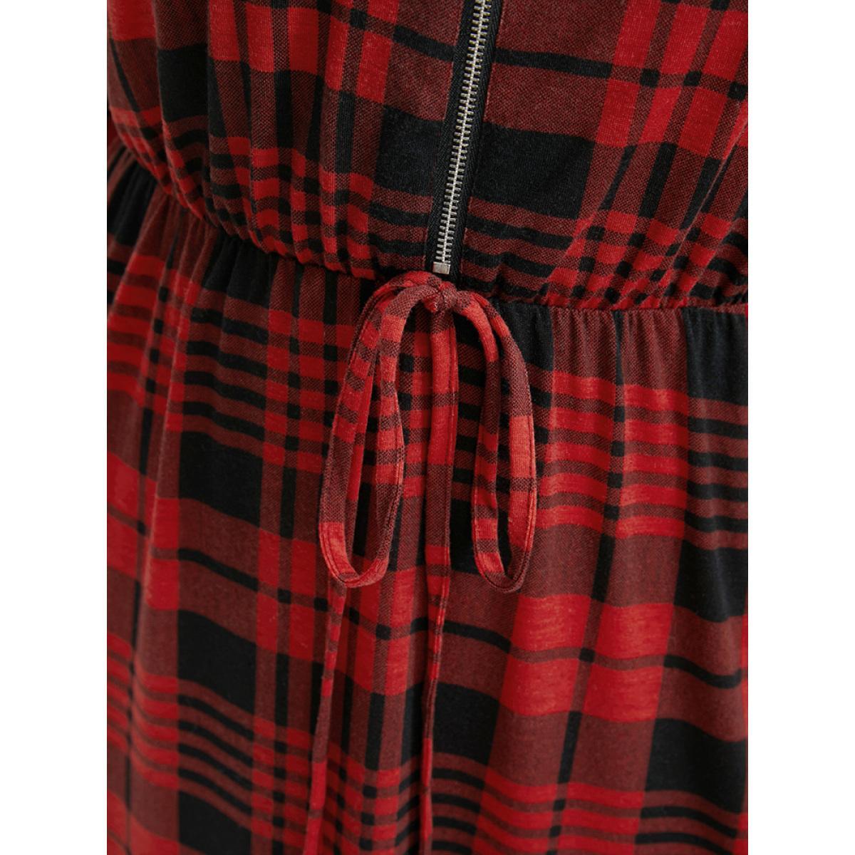Plus Size Plaid Zip Up Lantern Sleeve Ties Arc Hem Dress Scarlet Women Casual Elastic Waist V-neck Long Sleeve Curvy Midi Dress BloomChic 18-20/2X Product Image