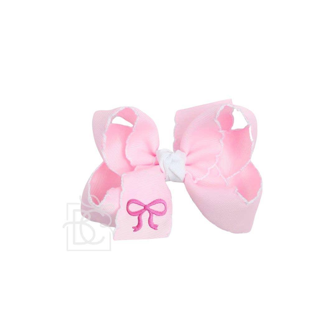 EMBROIDERED BOW CROCHET EDGE HAIR BOW ON ALLIGATOR CLIP : Light Pink w/ White Crochet Edge & Hot Pink Embroidered Bow / 5.5" Huge Product Image