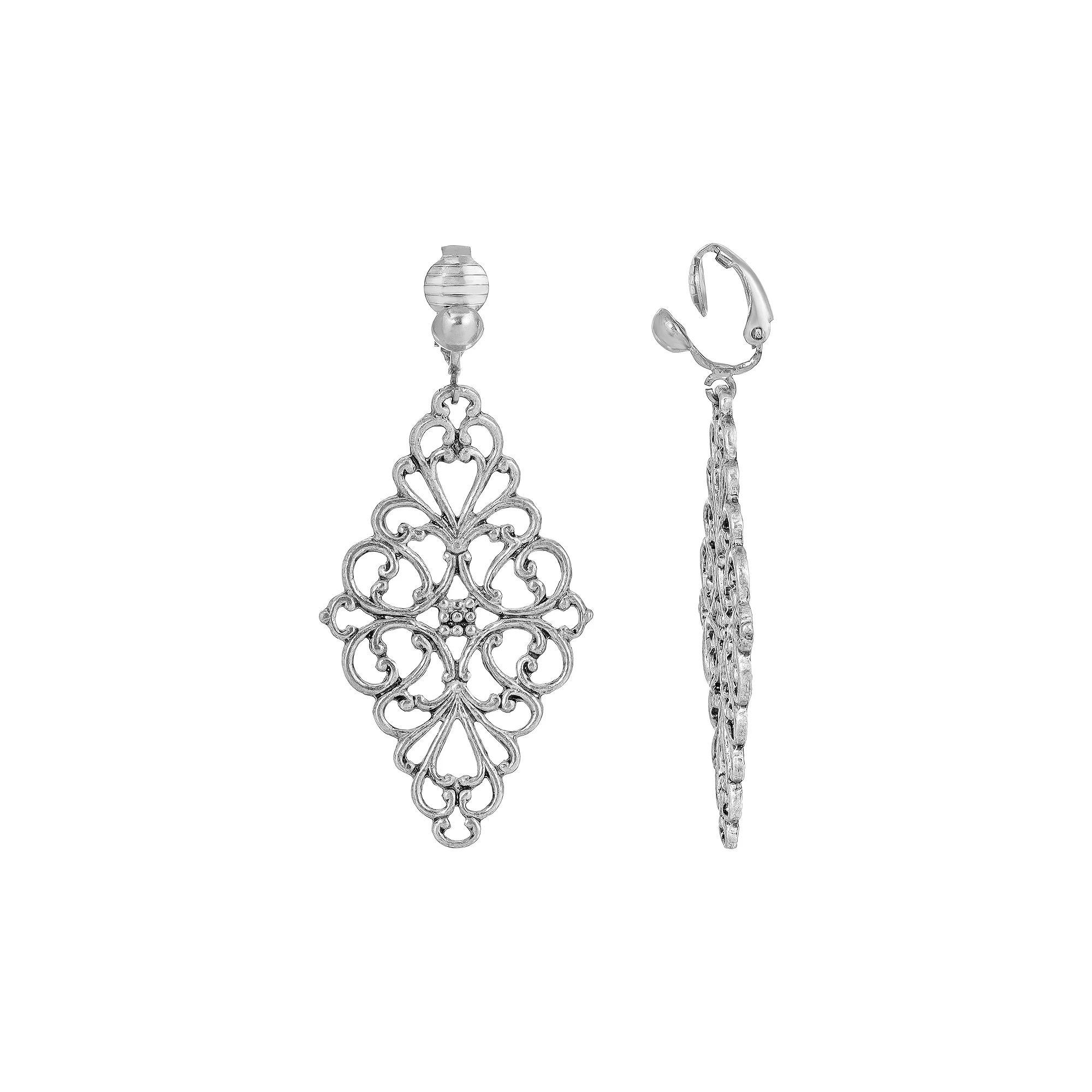 1928 Gold Tone Filigree Diamond Clip On Earrings, Womens, Silver Tone Product Image