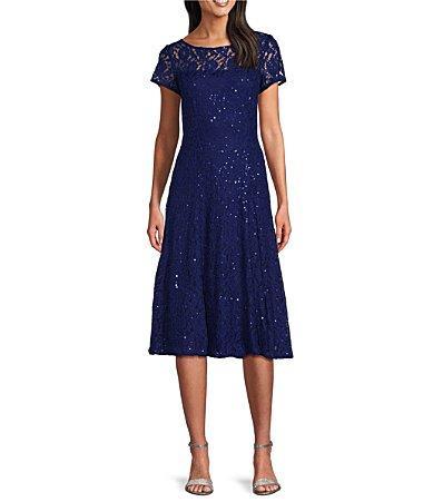 Ignite Evenings Round Neck Short Sleeve Sequin Lace Midi Dress Product Image