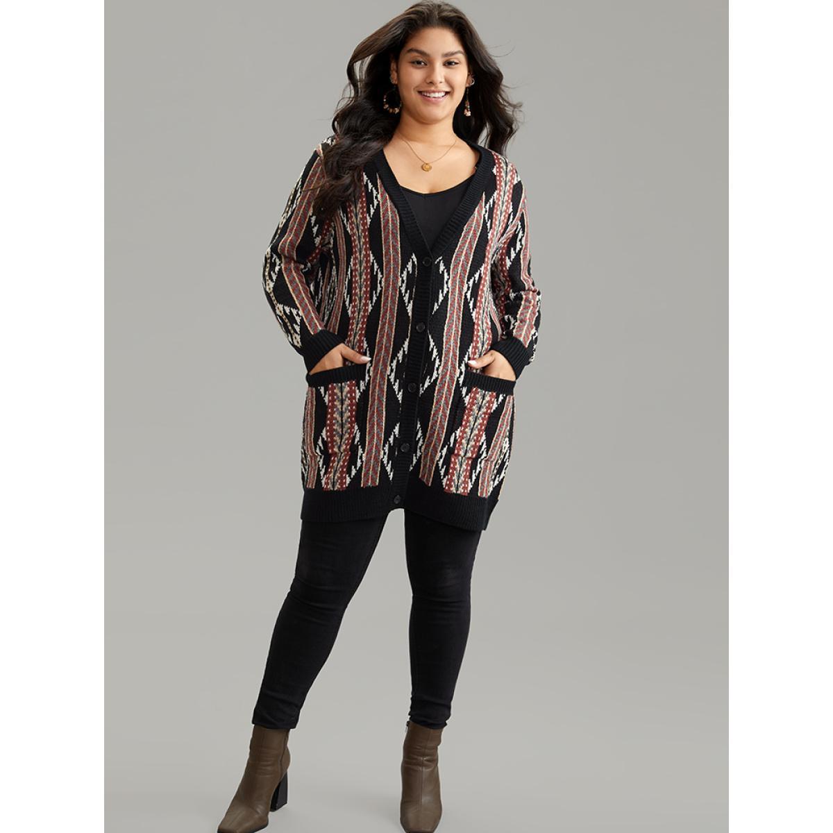 Plus Size Bandana Print Button Down Patched Pocket Tunic Cardigan Multicolor Women Casual Loose Long Sleeve Dailywear Cardigans BloomChic 30/6X Product Image