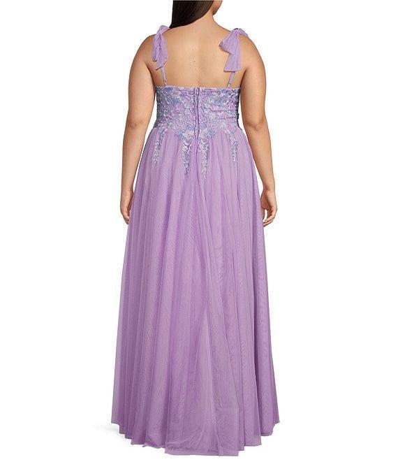 City Vibe Plus Sweetheart Neck Spaghetti Tie Straps Embroidered Applique Bodice Side Slit Gown Product Image