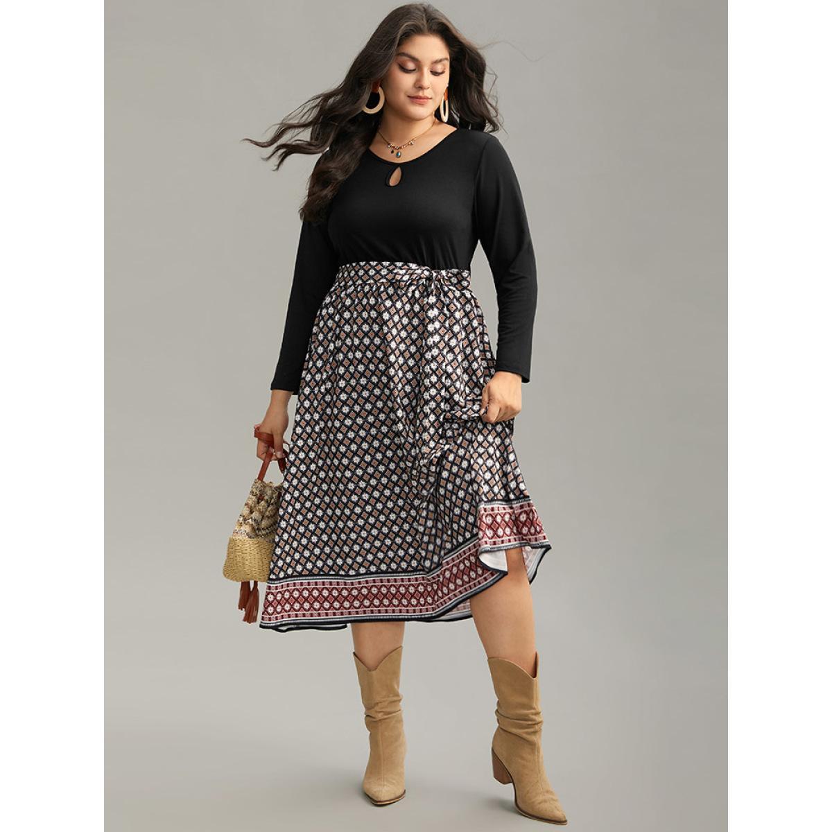Plus Size Geometric Patchwork Cut Out Belted Dress Black Women Vacation Printed Round Neck Long Sleeve Curvy Midi Dress BloomChic 12/L Product Image