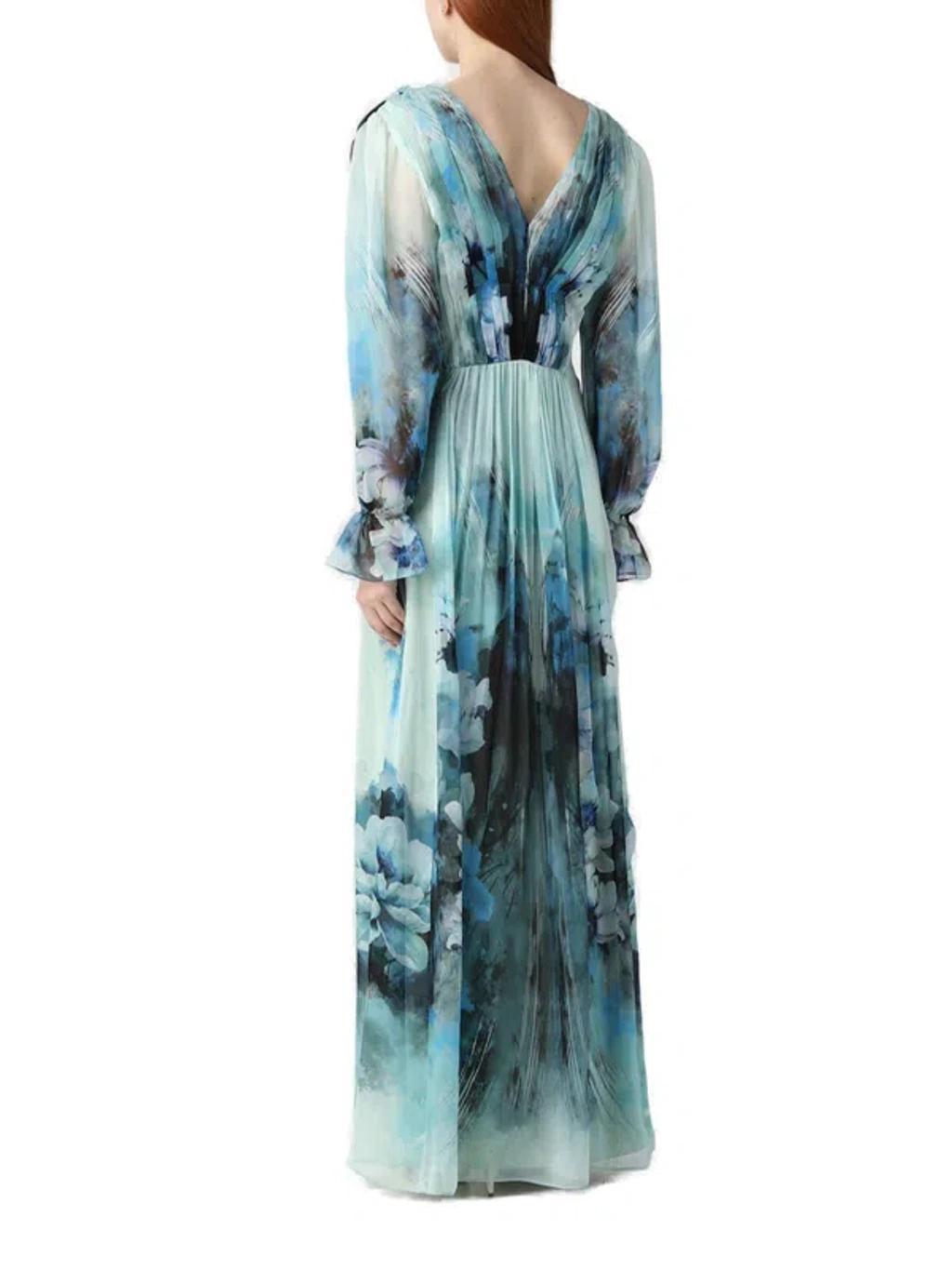 ALBERTA FERRETTI Floral Printed Pleated Midi Dress In Light Blue Product Image