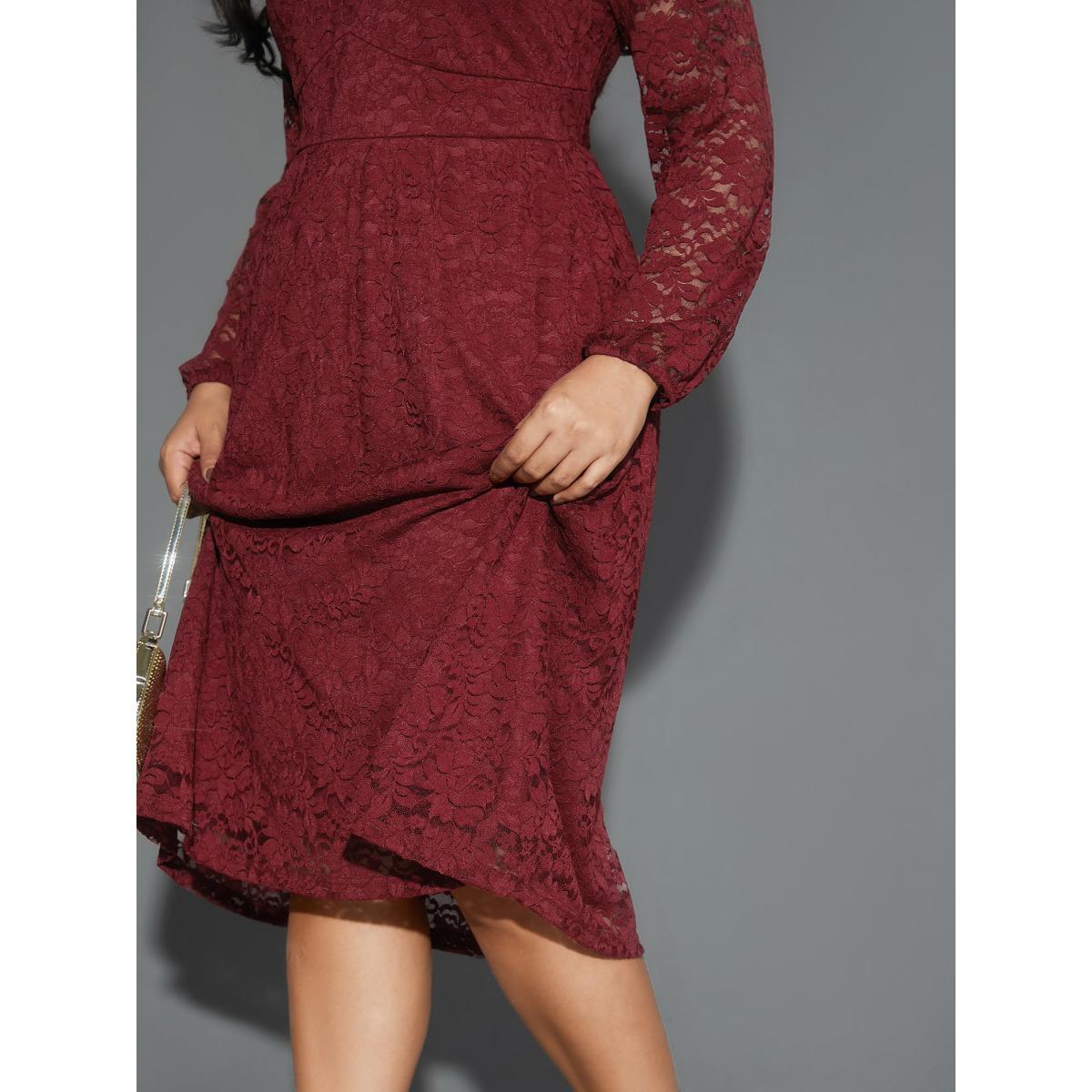 Plus Size Solid Lace Patchwork Lantern Sleeve Dress Burgundy Women Cocktail Woven ribbon&lace trim Party Curvy Bloomchic 18-20/2X Product Image