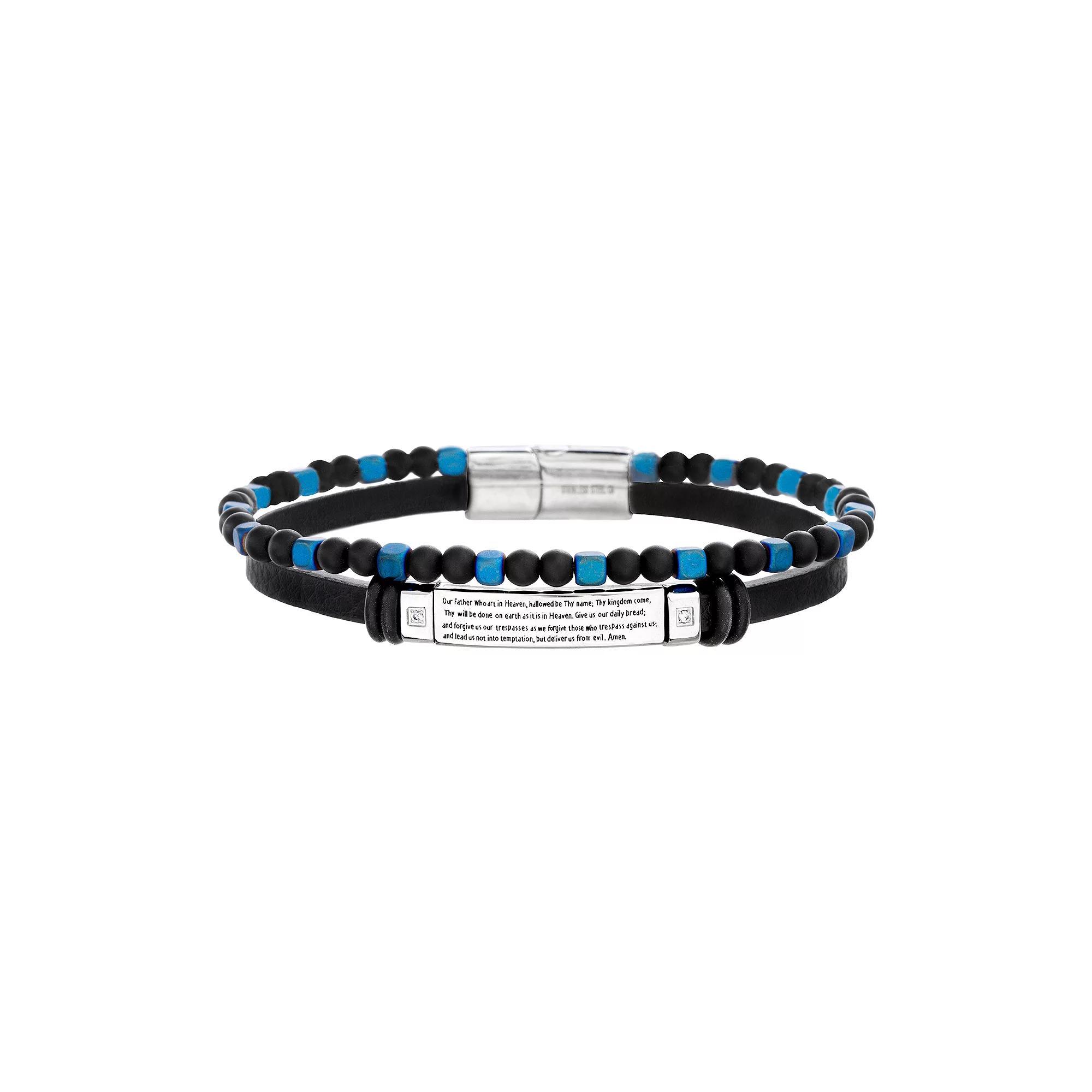 Mens Leather Stainless Steel Beaded The Lords Prayer Double Row Bracelet Silver Tone Product Image