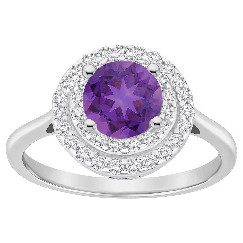 Celebration Gems Sterling Silver Round-Cut Amethyst & White Topaz Double Halo Ring, Women's, Size: 5 Product Image