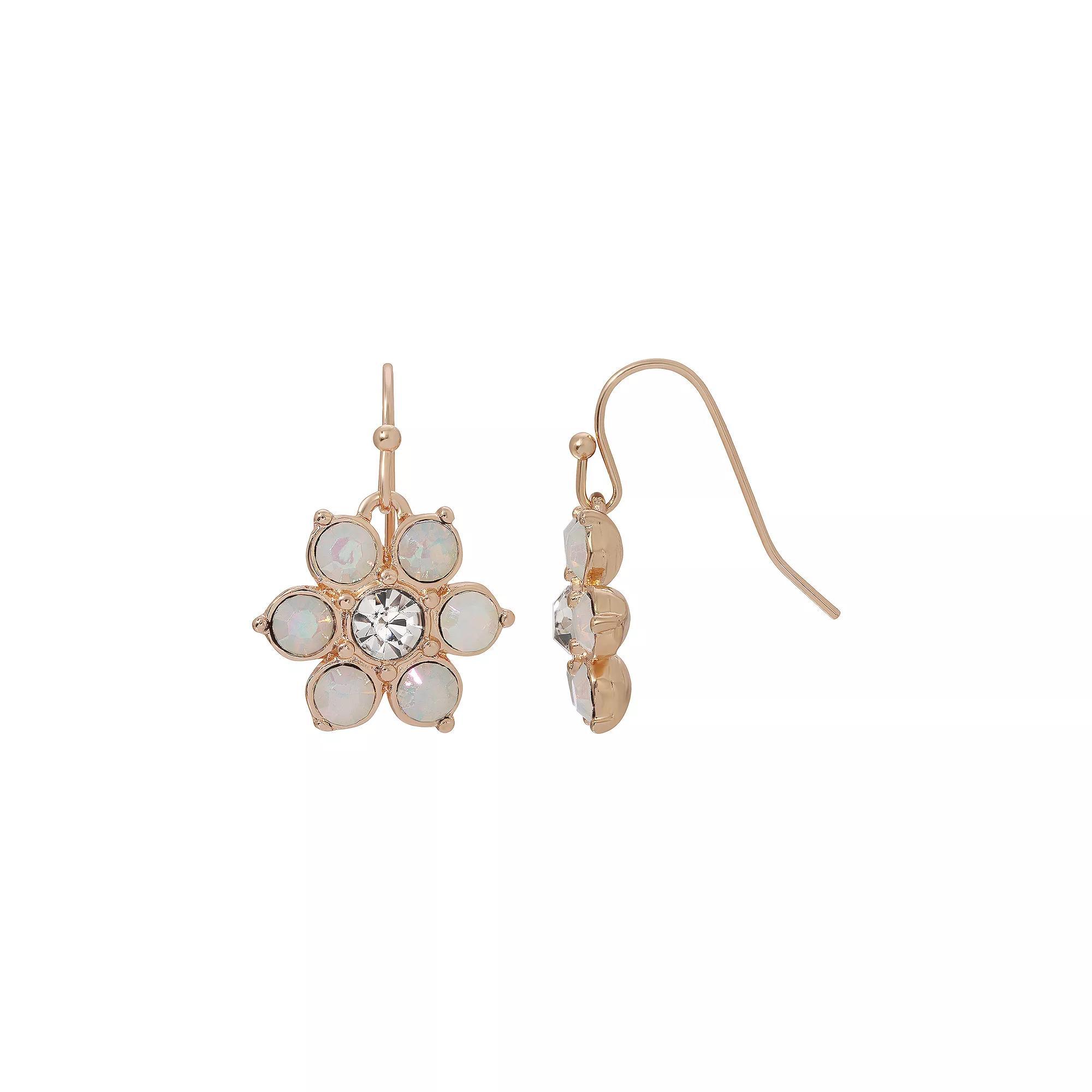 1928 Gold Tone Simulated White Opal Crystal Flower Drop Earring, Womens Product Image