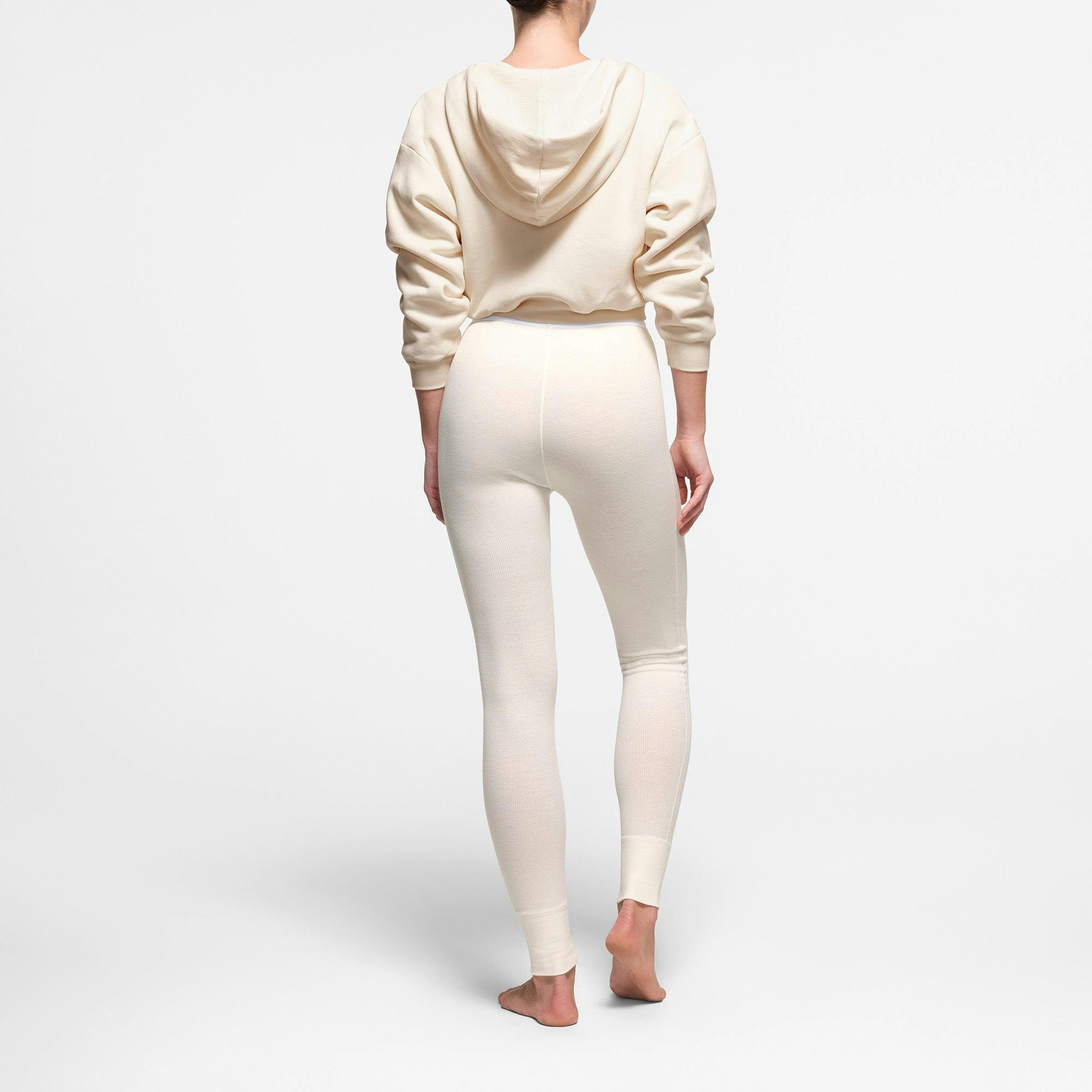 COTTON FLEECE WAFFLE LINED SHRUNKEN ZIP UP HOODIE | ECRU Product Image