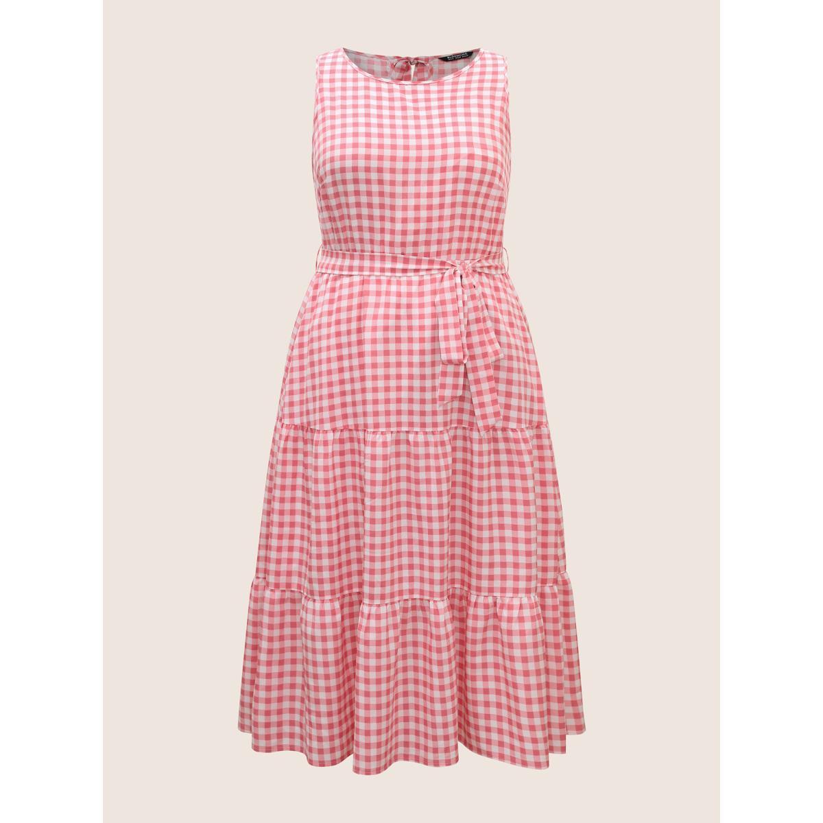 Plus Size Gingham Elastic Waist Sleeveless Maxi Dress Blush Women Casual Belted Round Neck Sleeveless Curvy BloomChic 18-20/2X Product Image
