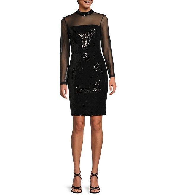 Marina Mesh Disco Dot Mock Neck Long Sleeve Cocktail Bodycon Dress Product Image