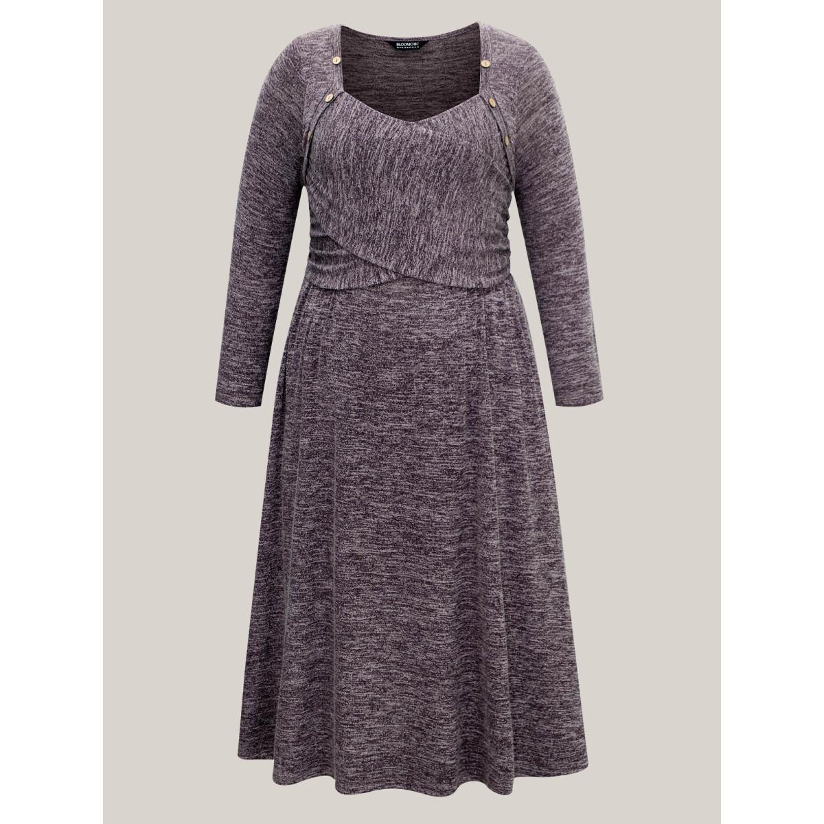 Plus Size Heart Neckline Button Detailing Crossover Fit Dress Mauve Women Casual Gathered Knit Dresses Bloomchic 10/M Product Image