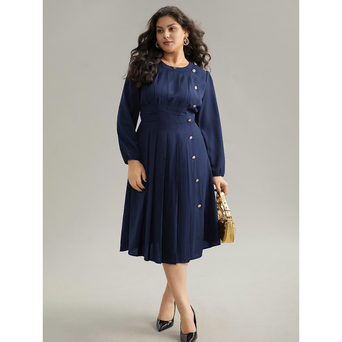 Plus Size Static-Free Metal Detail Plicated Detail Dress Navy Women Office Elastic cuffs Round Neck Long Sleeve Curvy Midi Dress BloomChic 12/L Product Image