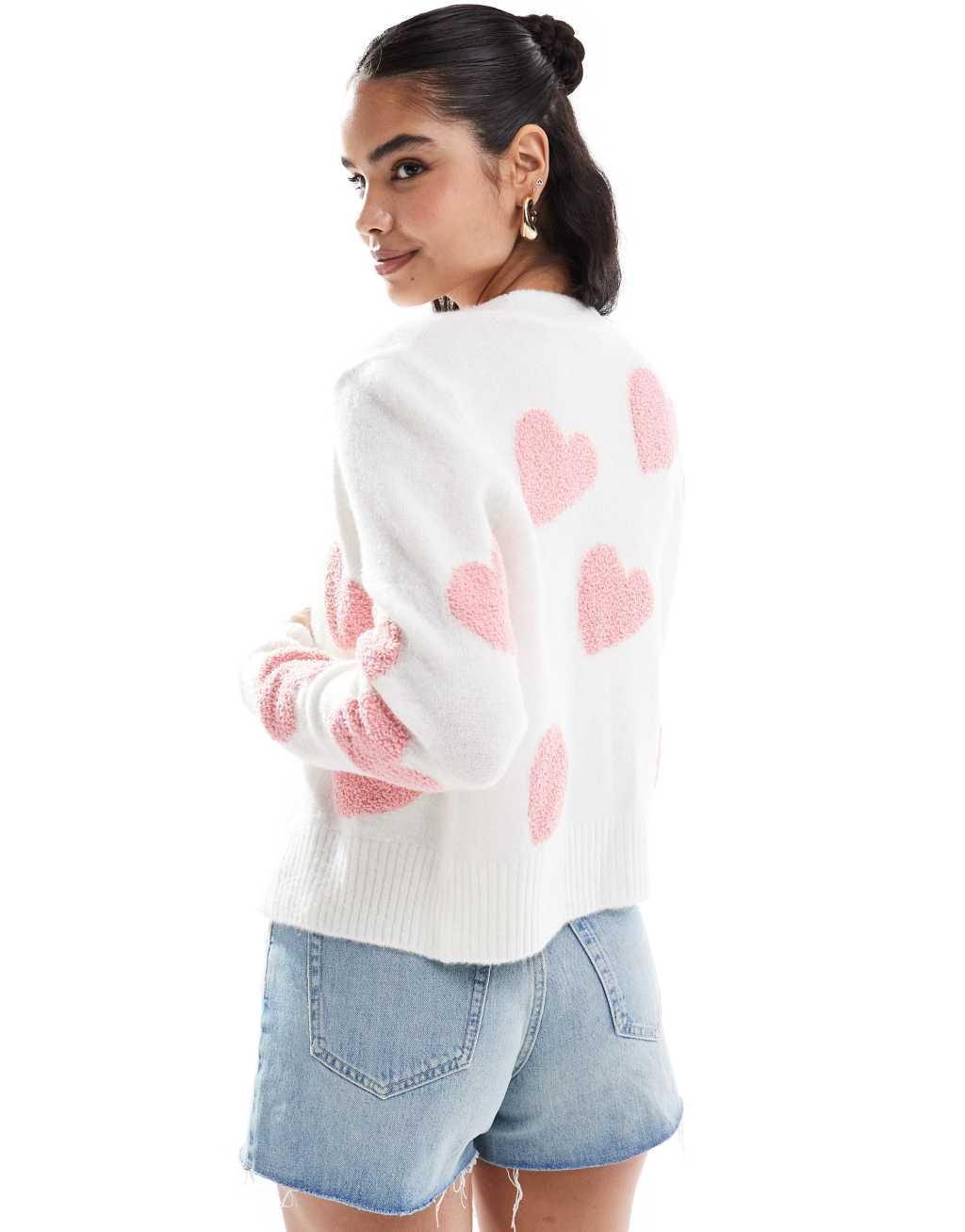 Miss Selfridge textured heart cardigan in cream with pink hearts Product Image