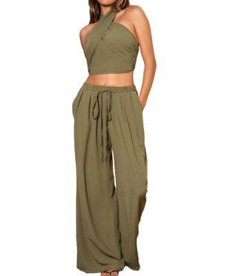 Cupshe Womens Olive Twisted Halter Top & Straight Leg Pants Set Product Image