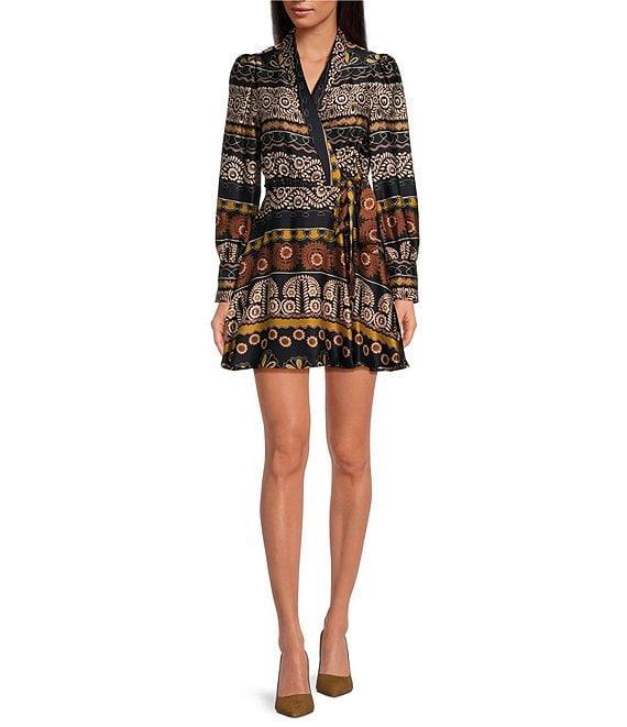 Chelsea & Violet Vanessa Floral Stripe Print Satin Shawl Collar V-Neck Long Blouson Sleeve Wrap Mini Dress Product Image