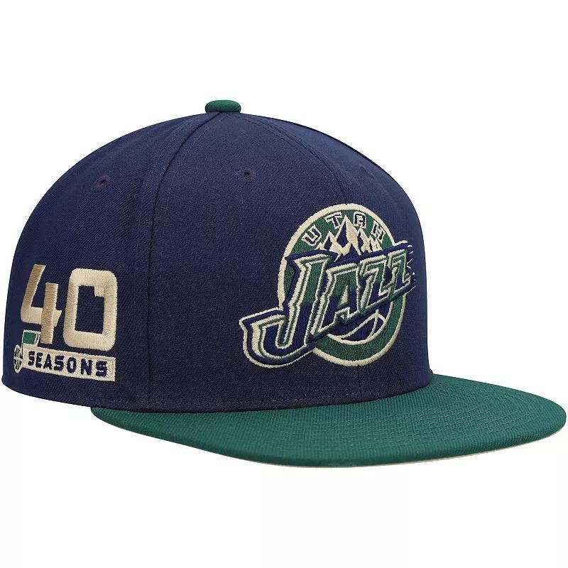 Mens Mitchell & Ness Navy/Green Utah Jazz 40th Anniversary Hardwood Classics Grassland Fitted Hat Jaz Blue Product Image