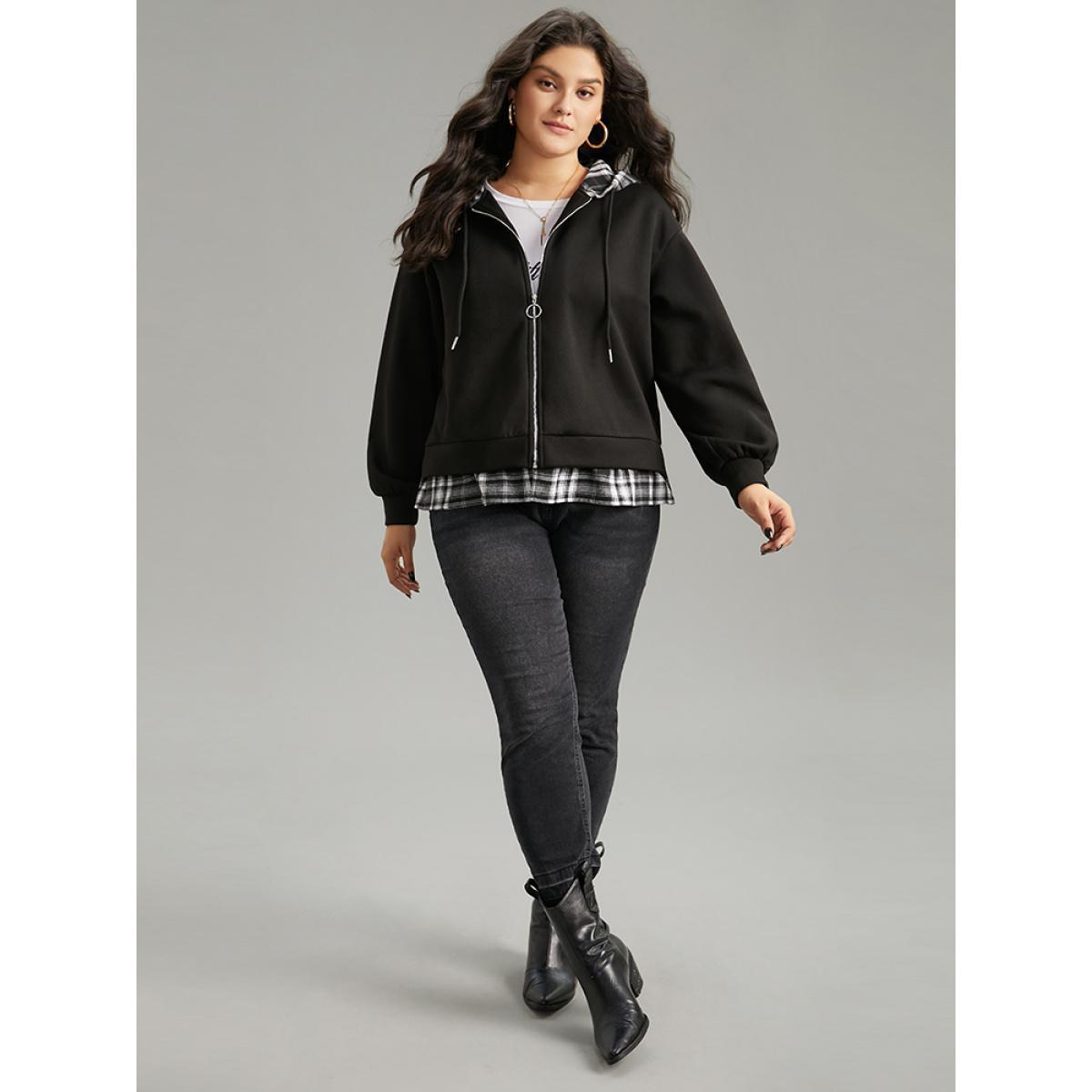 Plus Size Plaid Patchwork O Ring Zipper Hooded Drawstring Jacket Women Black Contrast Dailywear Jackets BloomChic 28/5X Product Image