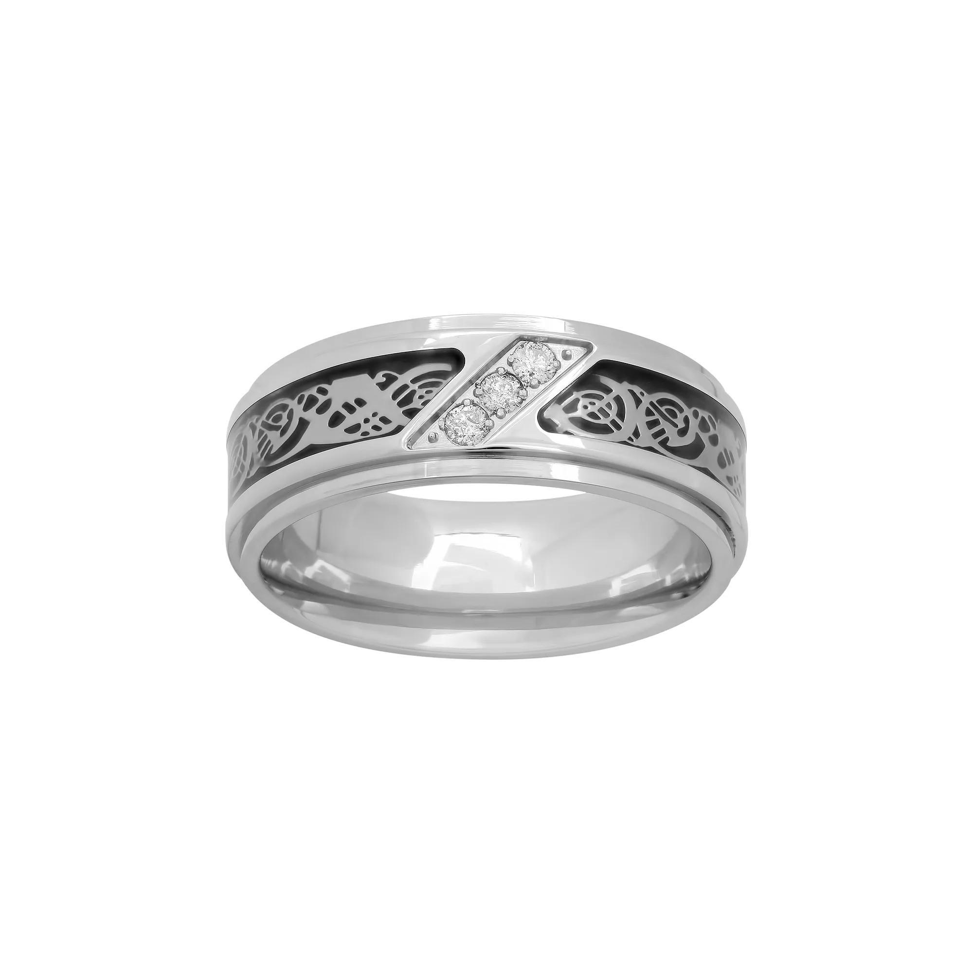1/10 Carat T.W. Diamond Stainless Steel & Carbon Fiber Celtic Dragon Band - Men, Men's, Size: 11, White Product Image
