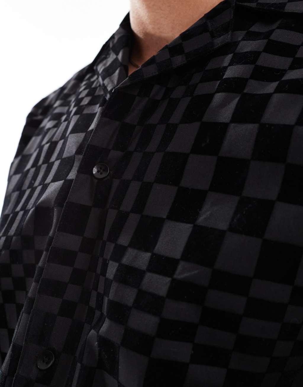 Twisted Tailor checkerboard short sleeve shirt in black Product Image
