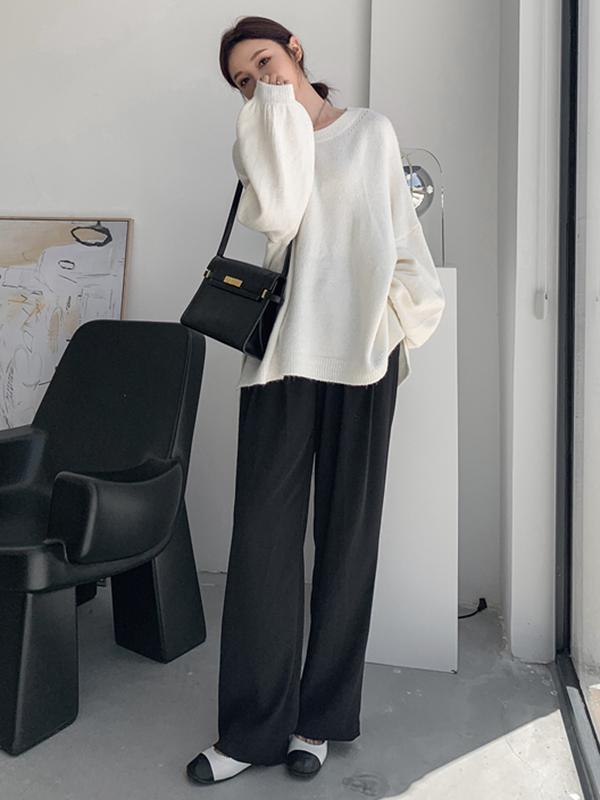 Stretch Mohair-Blend Balloon Sleeves Loose Solid Round-Neck Sweater Tops Product Image