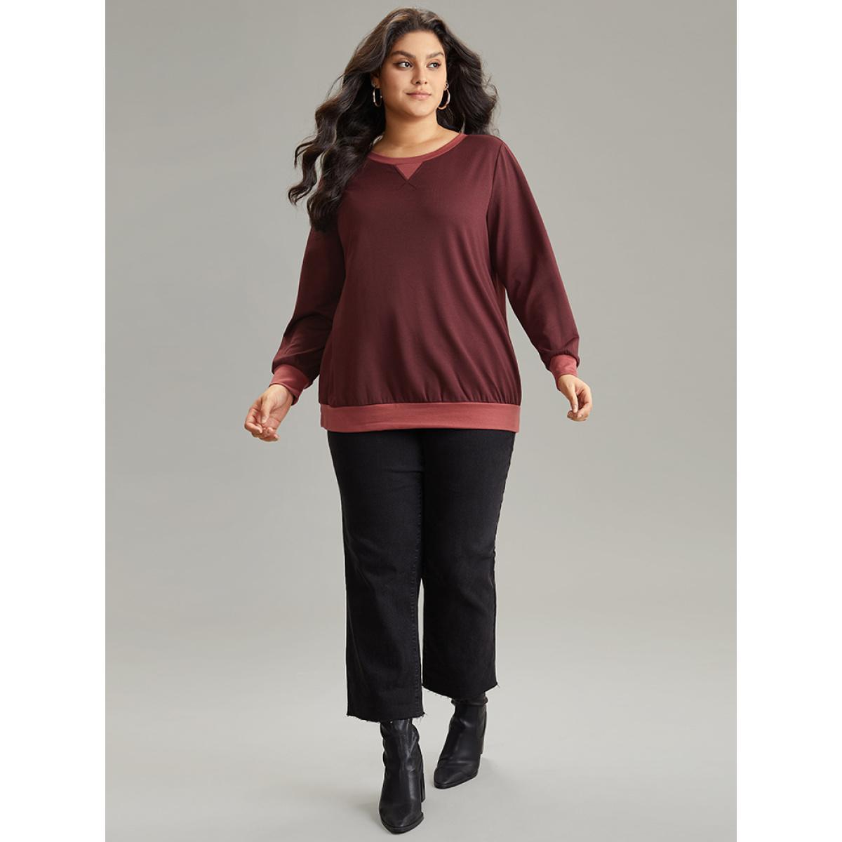 Plus Size Contrast Patchwork Stitch Detail Elastic Cuffs Sweatshirt Women Maroon Casual Plain Round Neck Dailywear Sweatshirts BloomChic 14-16/1X Product Image