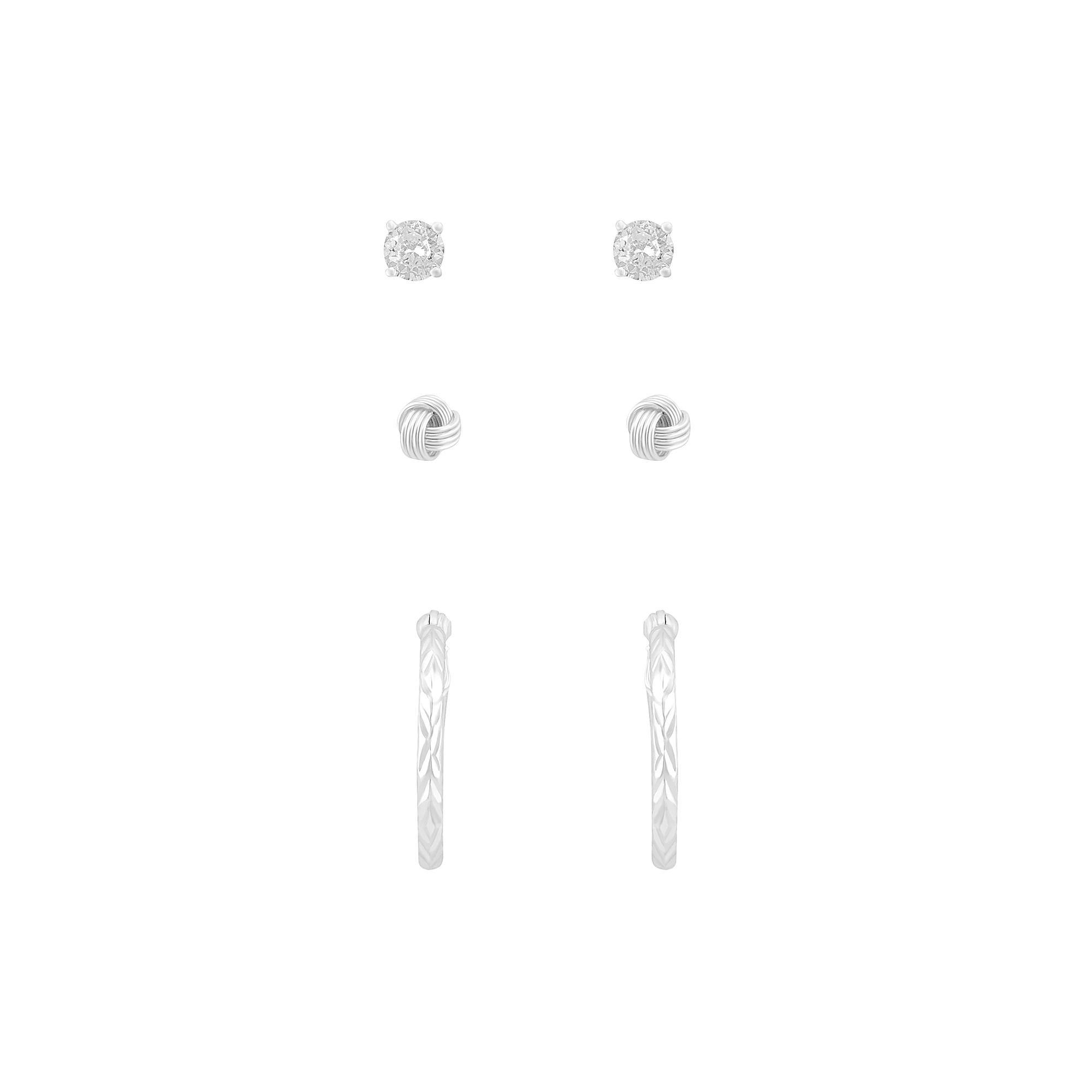 American Exchange 3-Pair Sterling Silver Cubic Zirconia Hoop, Knot, & Stud Earring Set, Womens, Silver Tone Product Image