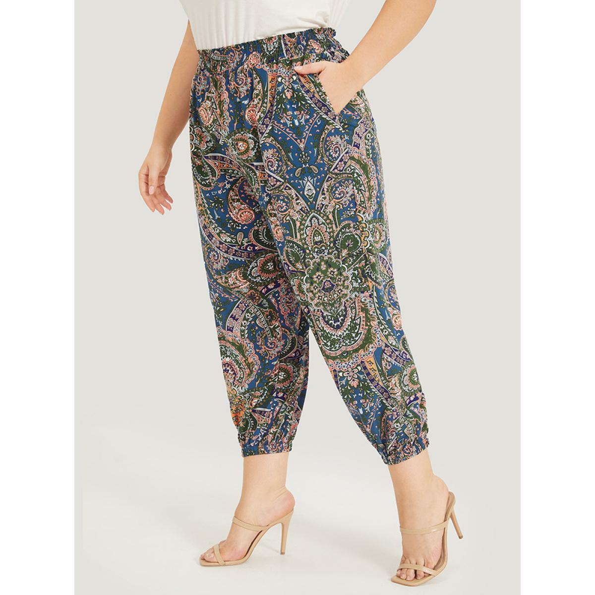 Plus Size Paisley Print Shirred Pocket Elastic Waist Pants Women Indigo Elegant High Rise Dailywear Pants BloomChic 18-20/2X Product Image