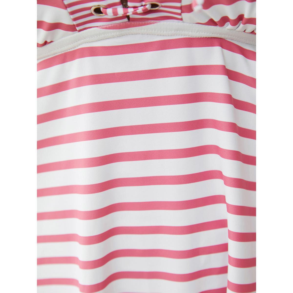Plus Size Striped Contrast Lace Up Crossover Tankini Top Women's Swimwear Pink Vacation Adjustable Straps High stretch Bodycon V-neck Curve Swim Tops BloomChic 18-20/2X Product Image