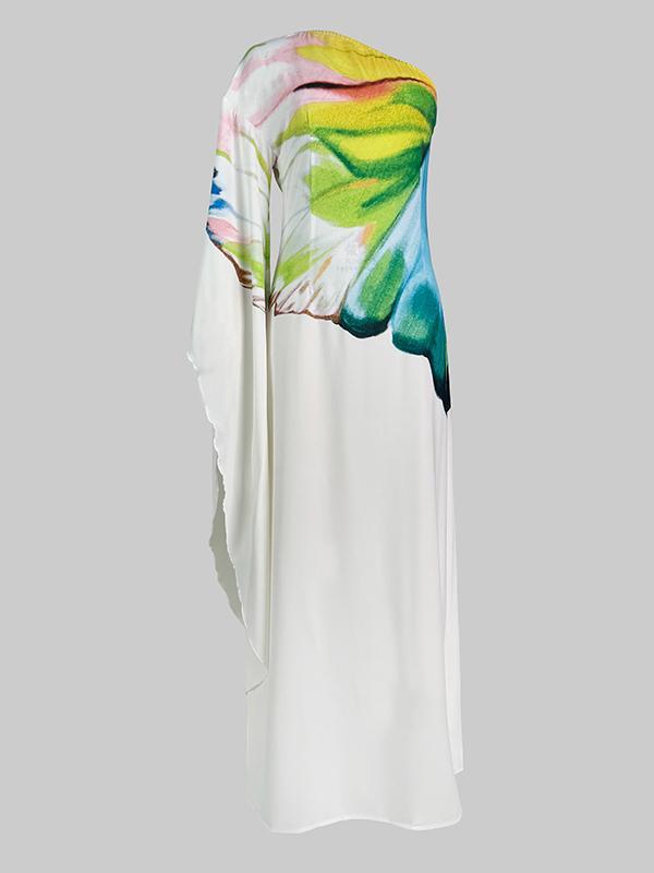 Long Sleeves Loose Asymmetric Flower Print One-Shoulder Maxi Dresses Product Image