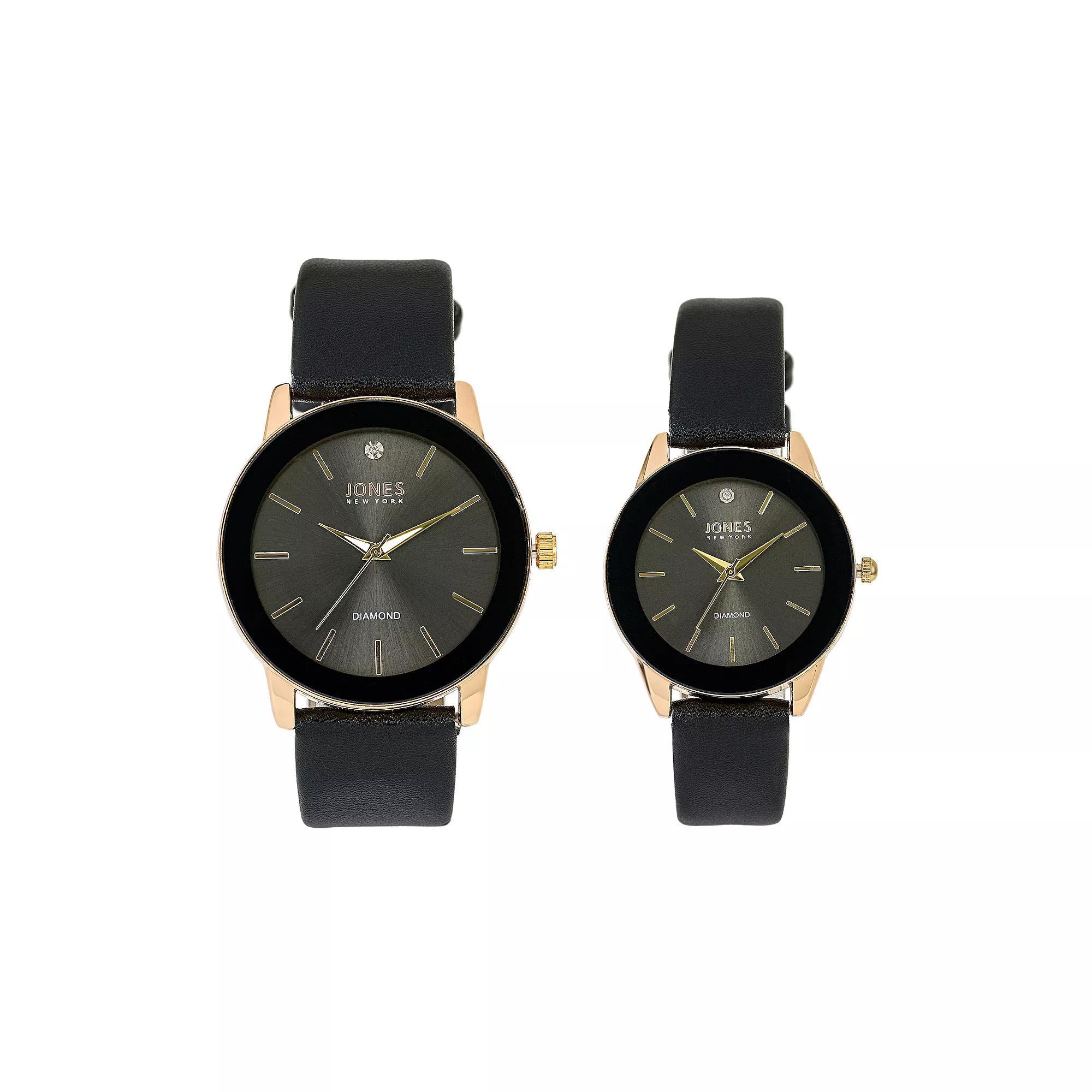 Jones New York Black Gold Tone His & Hers Watch Set, Women's, Size: 42MM/34MM Product Image