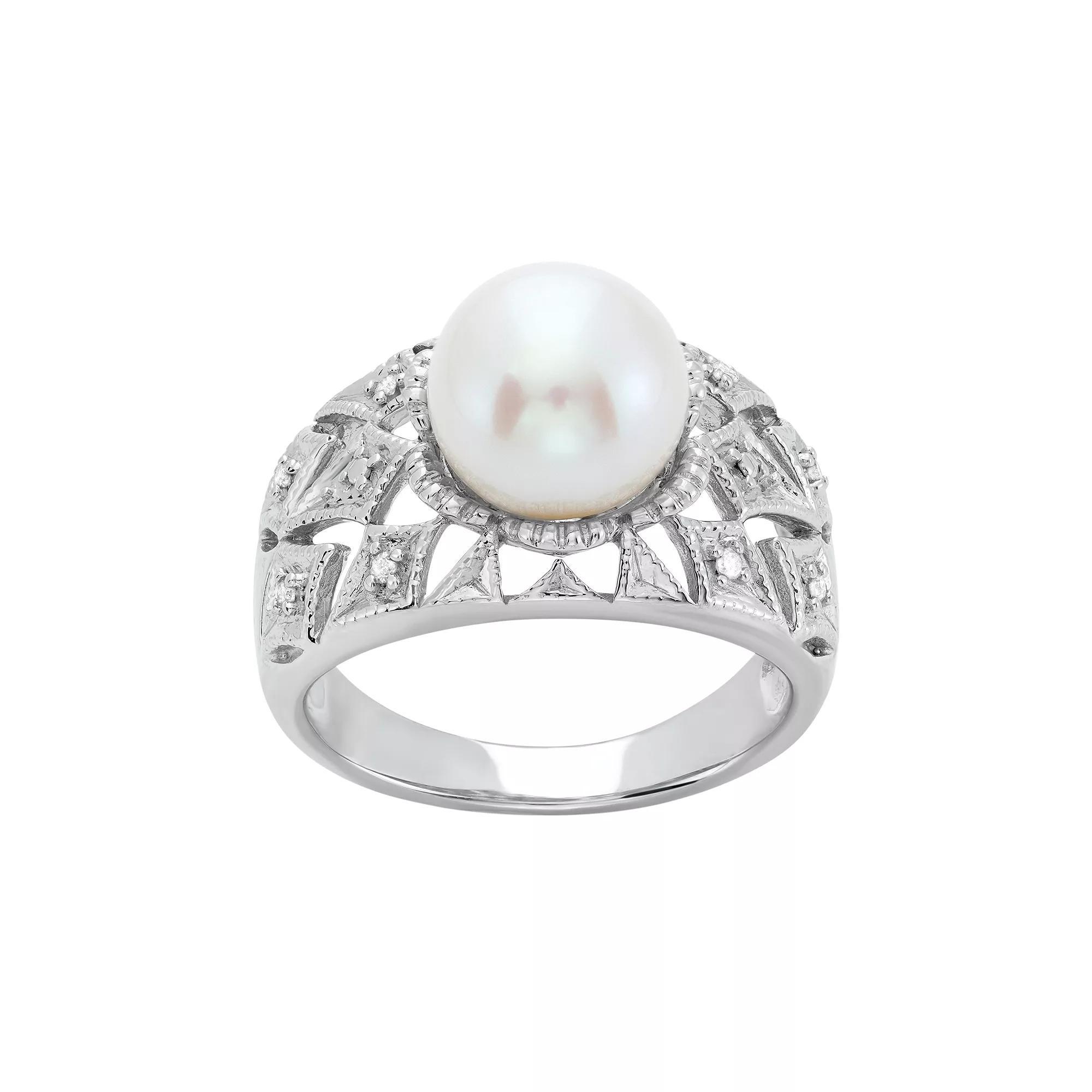 Freshwater Cultured Pearl and Diamond Accent Sterling Silver Openwork Ring, Women's, Size: 7, White Product Image