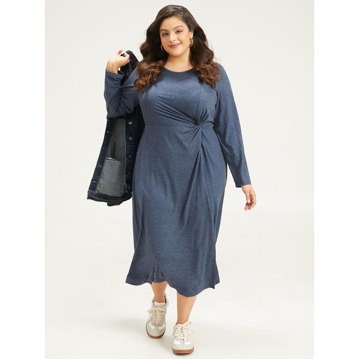 Plus Size Plain Crew Neck Twist Front Split Hem Dress Indigo Women Casual Plain Round Neck Long Sleeve Curvy Midi Dress BloomChic 10/M Product Image