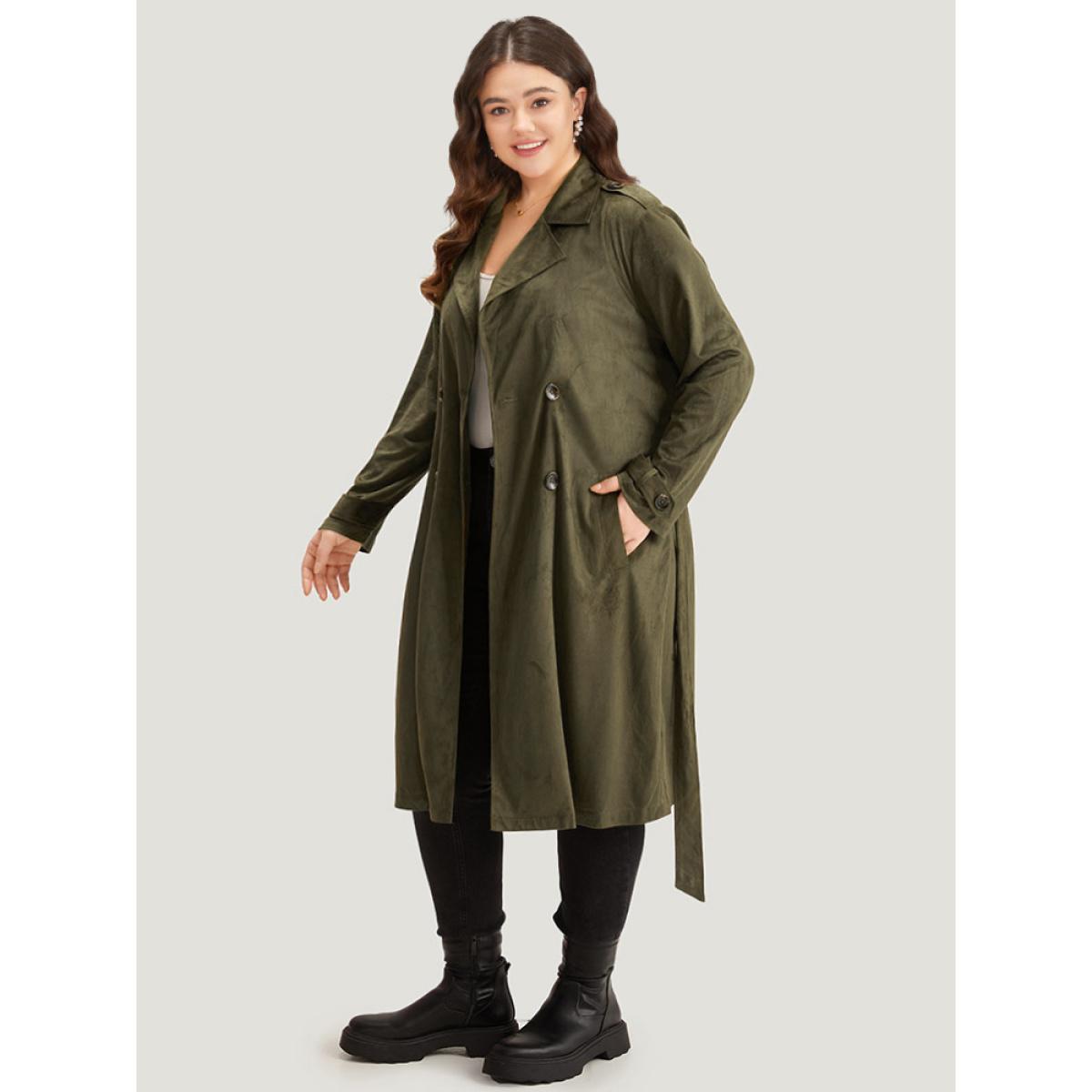 Plus Size Plain Lapel Collar Pocket Belted Faux Suede Coat Women ArmyGreen Casual Plain Ladies Dailywear Winter Coats BloomChic 10/M Product Image